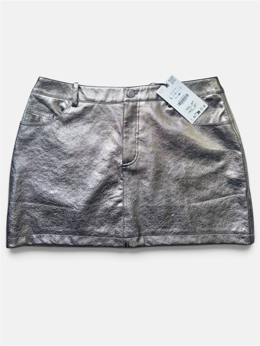 NWT Zara Faux Leather Metallic Pewter Mini Skirt | Size Large